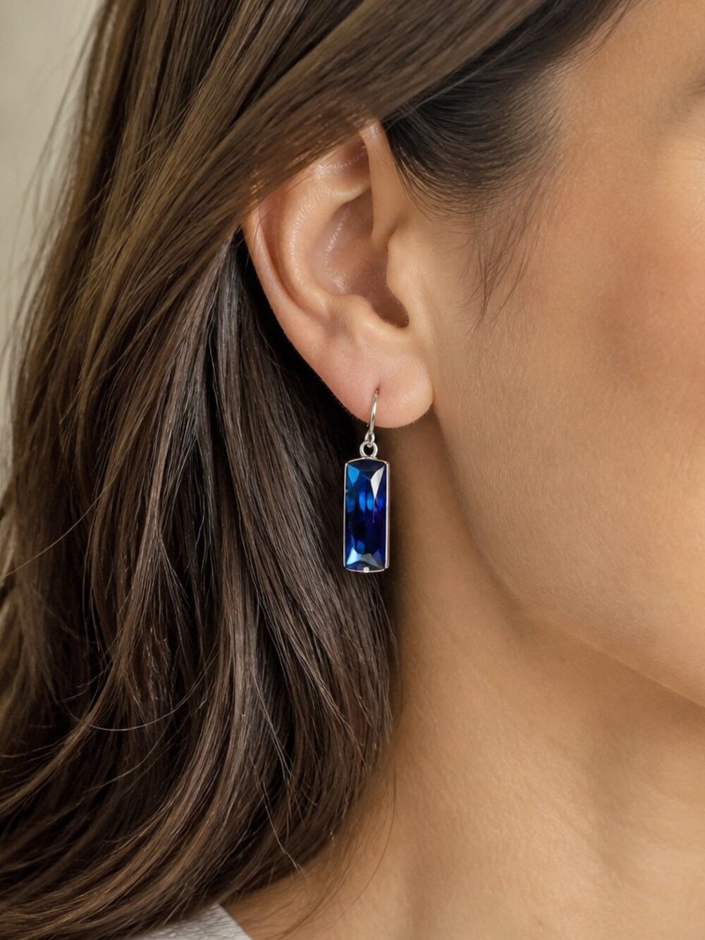 Slender Rectangular Navy Blue Faceted Crystal & Silver Tone Dangle Earrings